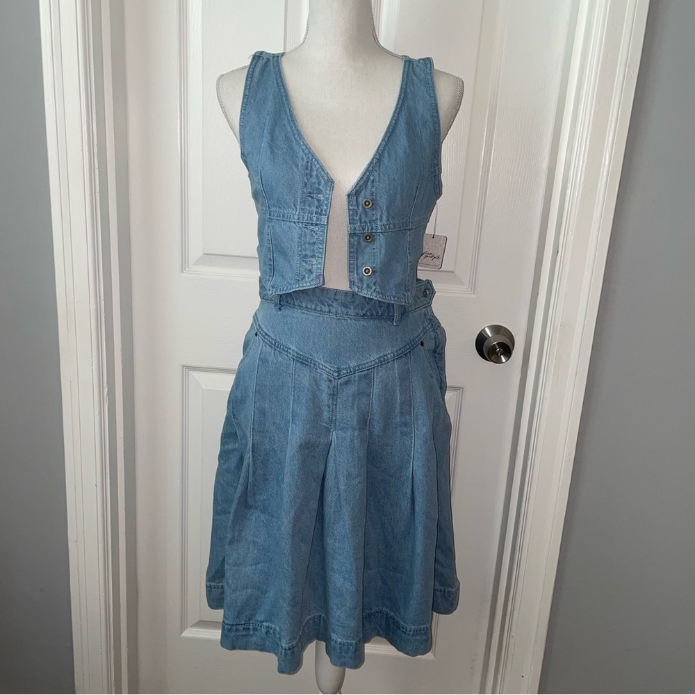 Free People Scout Denim Cropped Vest and Midi Skirt Light Indigo